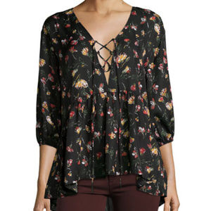 Lucca Couture Lace-Up Floral-Print Blouse NWT